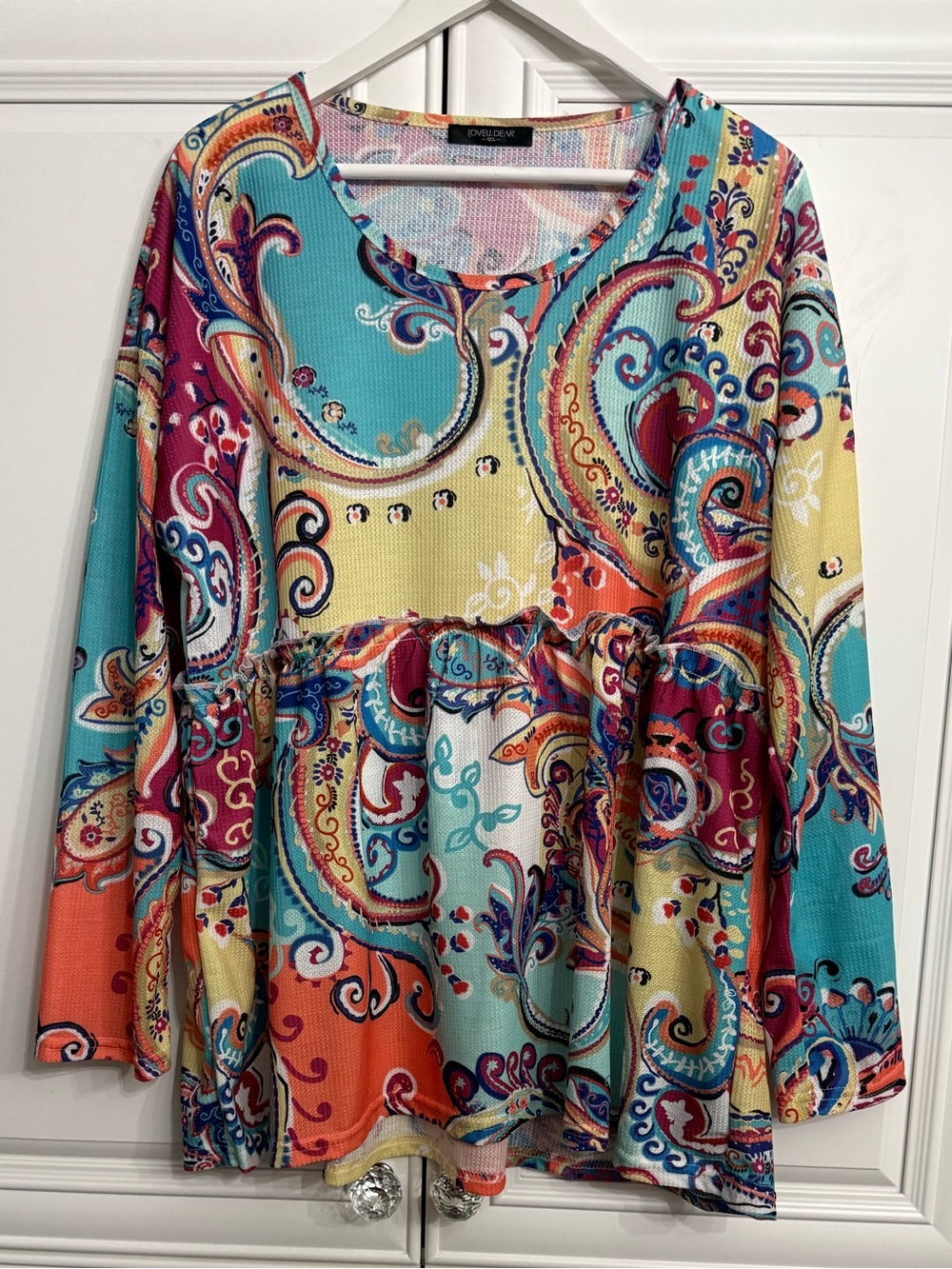 LOVEU.DEAR Colorful Paisley Babydoll Peplum Tunic Top Long Sleeve Boho Size 1X